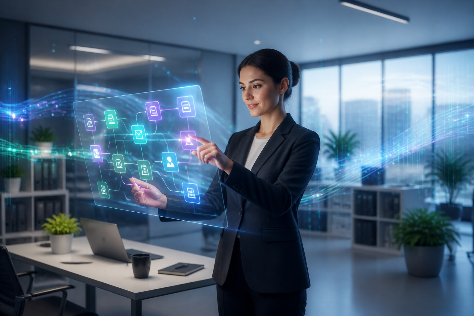 Femme daffaires interagissant avec une interface holographique